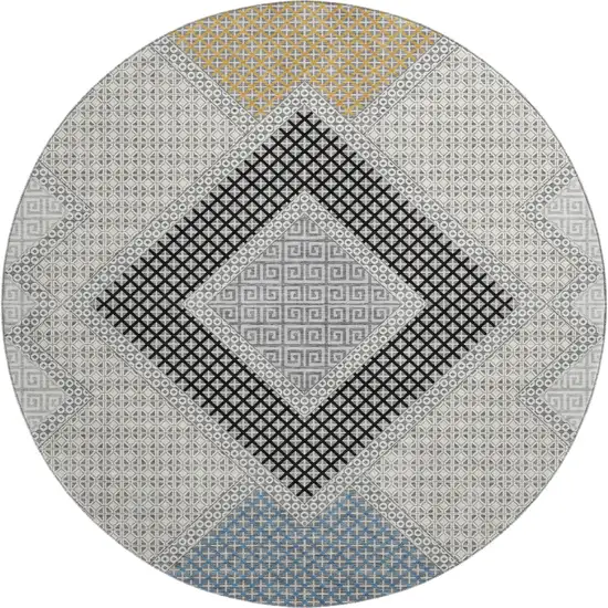 8' Gray And Charcoal Geometric Washable Round Rug With UV Protection Photo 1