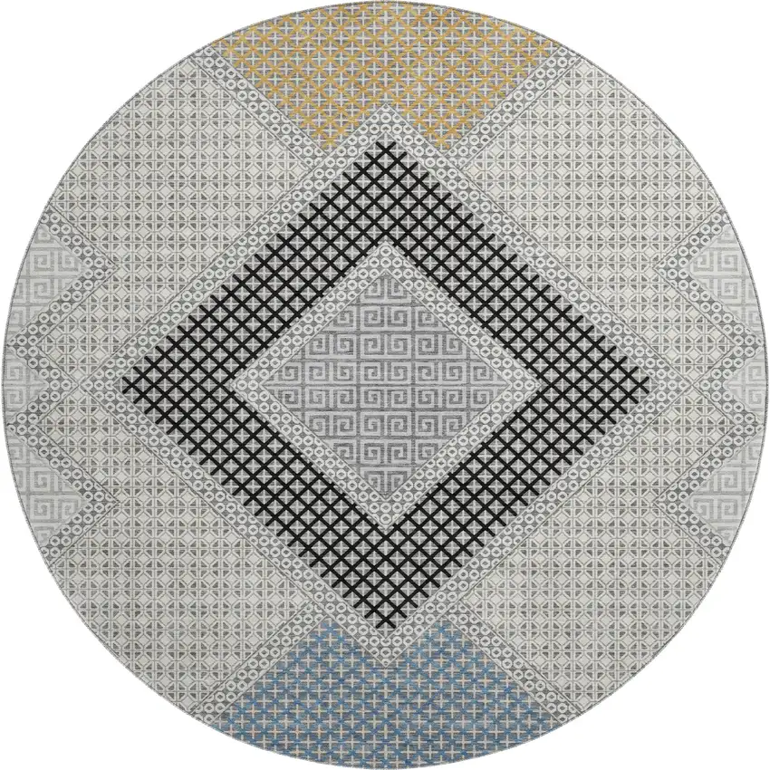 8' Gray And Charcoal Geometric Washable Round Rug With UV Protection Photo 1