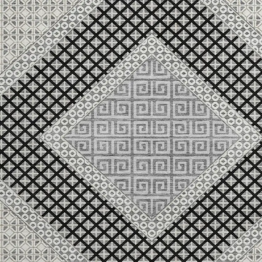 8' Gray And Charcoal Geometric Washable Round Rug With UV Protection Photo 3