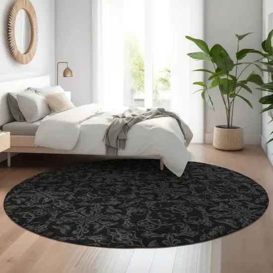 8' Gray And Charcoal Medallion Washable Round Rug With UV Protection Photo 6