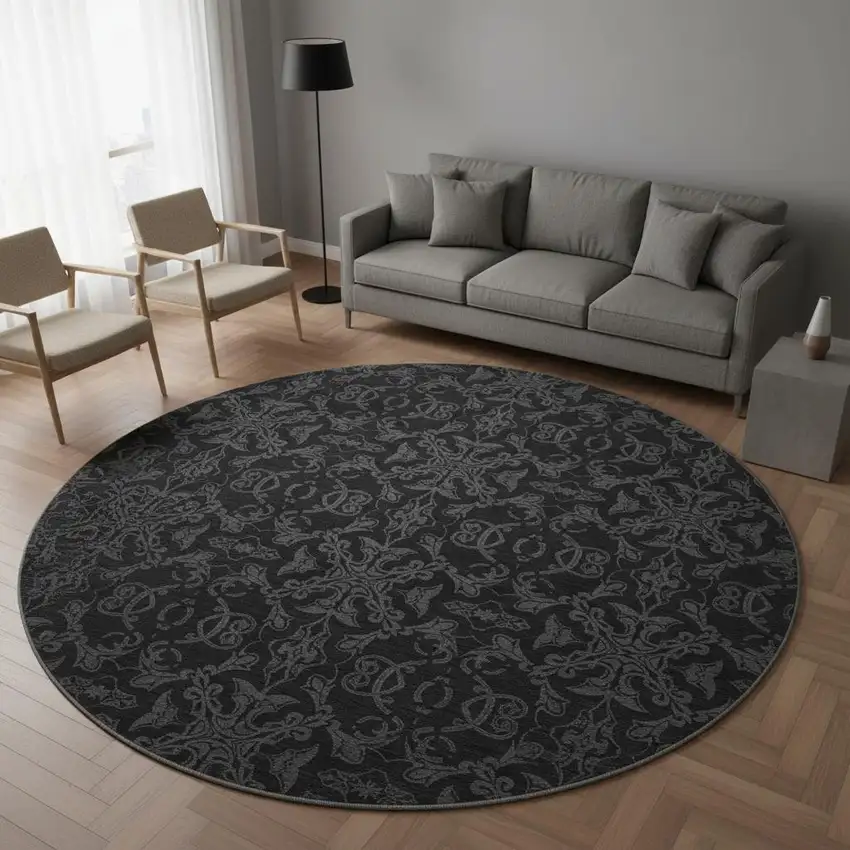 8' Gray And Charcoal Medallion Washable Round Rug With UV Protection Photo 2