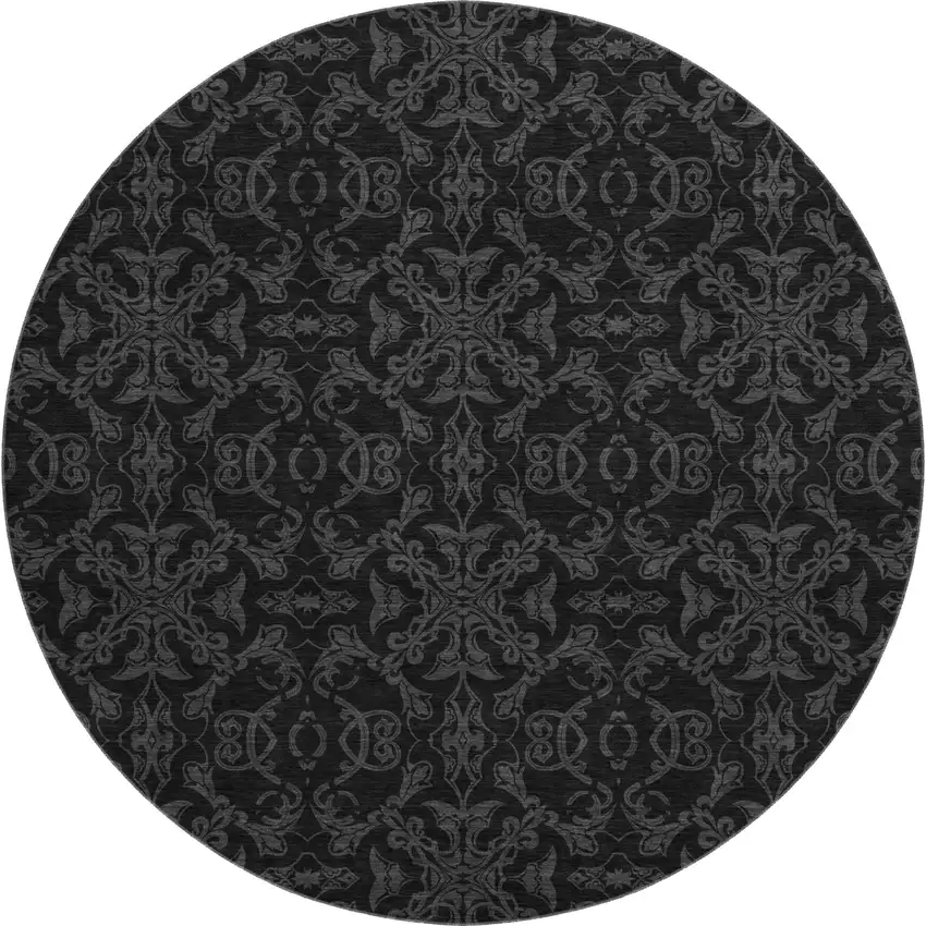 8' Gray And Charcoal Medallion Washable Round Rug With UV Protection Photo 1