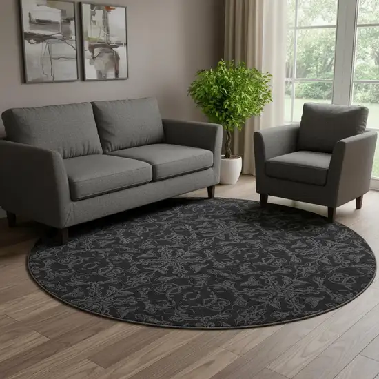 8' Gray And Charcoal Medallion Washable Round Rug With UV Protection Photo 1