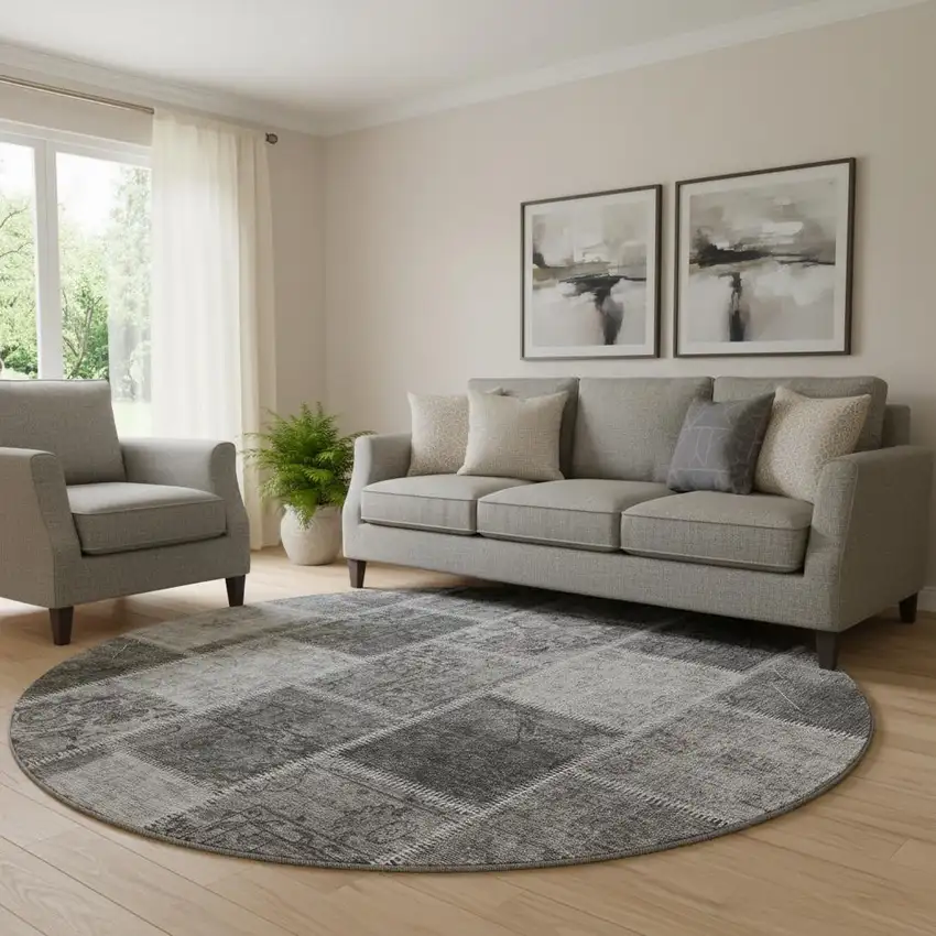 8' Gray And Charcoal Patchwork Washable Round Rug With UV Protection Photo 1