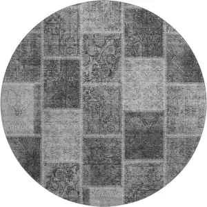 Photo of 8' Gray And Charcoal Patchwork Washable Round Rug With UV Protection