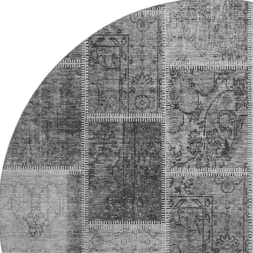 8' Gray And Charcoal Patchwork Washable Round Rug With UV Protection Photo 4