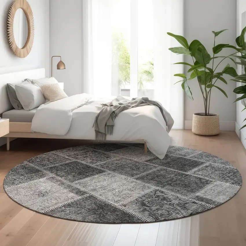 8' Gray And Charcoal Patchwork Washable Round Rug With UV Protection Photo 5