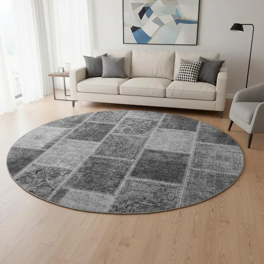 8' Gray And Charcoal Patchwork Washable Round Rug With UV Protection Photo 2