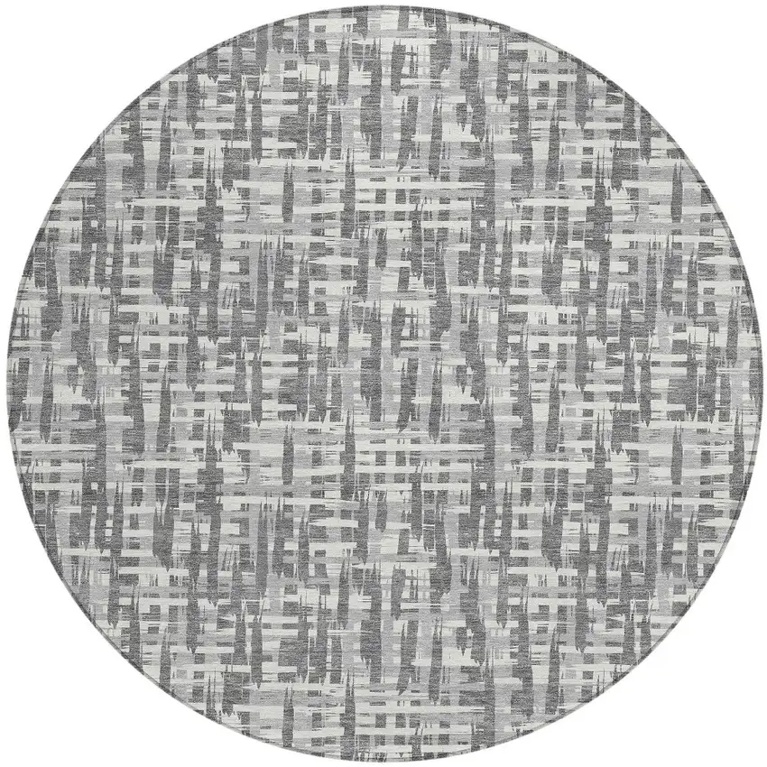 8' Gray And Charcoal Round Abstract Washable Indoor Outdoor Area Rug Photo 6