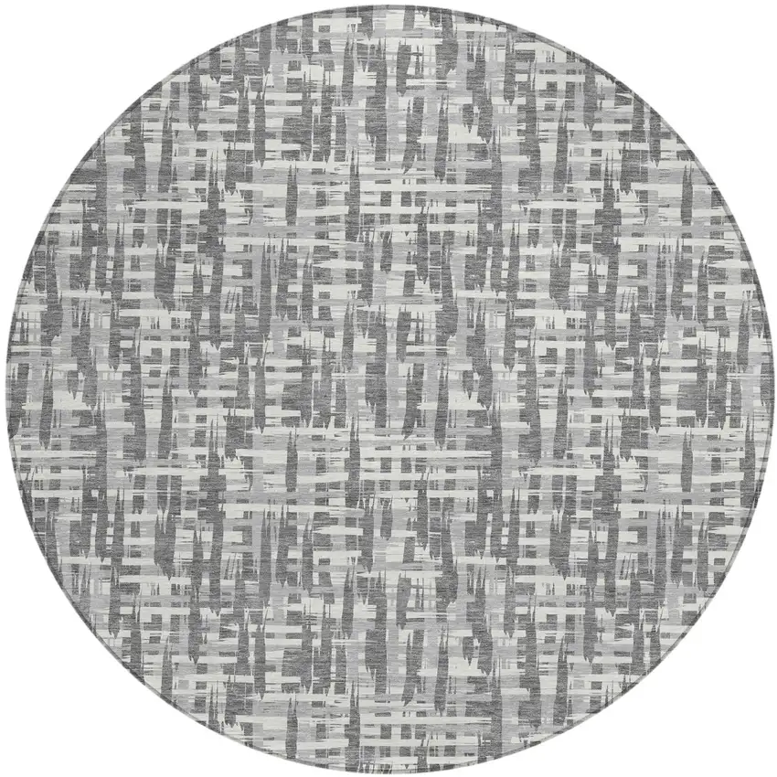 8' Gray And Charcoal Round Abstract Washable Indoor Outdoor Area Rug Photo 2