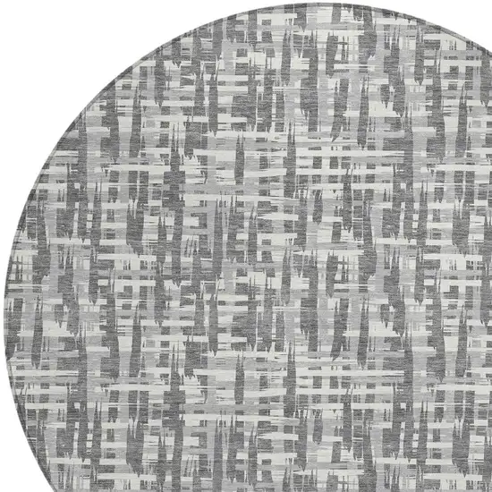 8' Gray And Charcoal Round Abstract Washable Indoor Outdoor Area Rug Photo 5