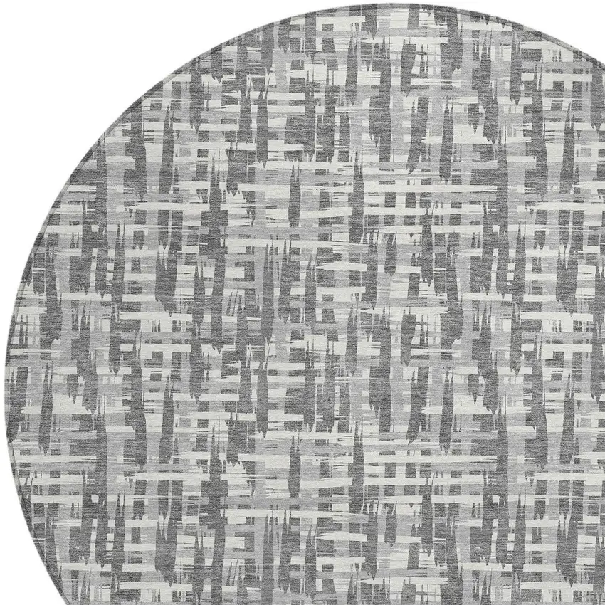 8' Gray And Charcoal Round Abstract Washable Indoor Outdoor Area Rug Photo 5