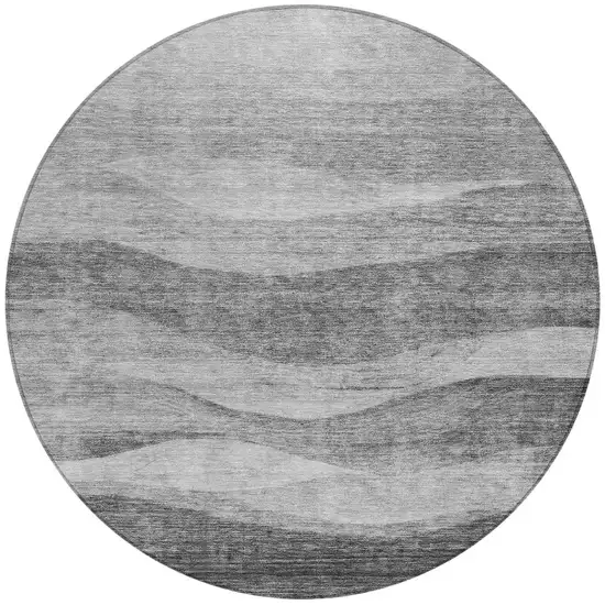 8' Gray And Charcoal Round Abstract Washable Indoor Outdoor Area Rug Photo 6