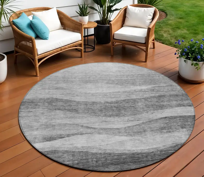 8' Gray And Charcoal Round Abstract Washable Indoor Outdoor Area Rug Photo 1