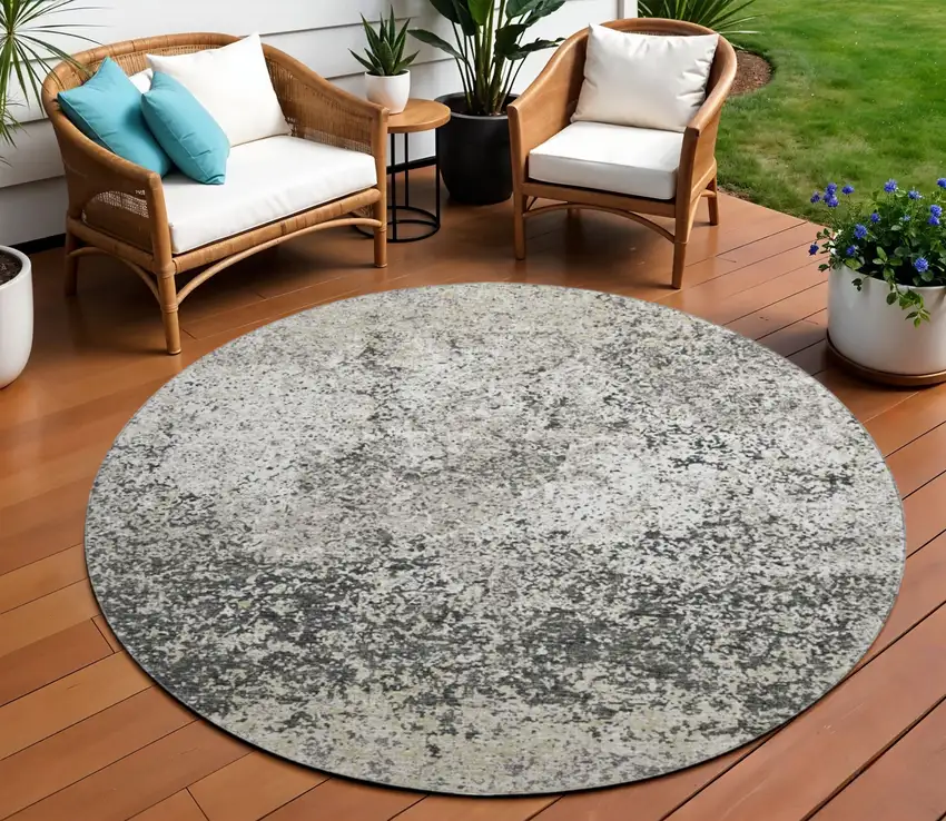 8' Gray And Charcoal Round Abstract Washable Indoor Outdoor Area Rug Photo 1