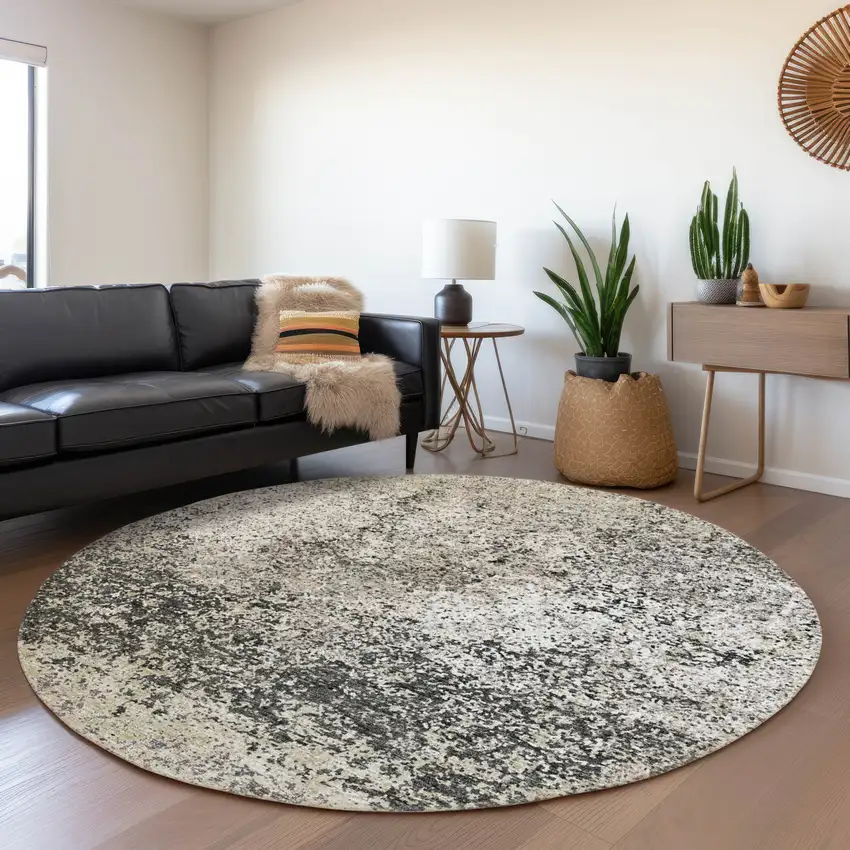 8' Gray And Charcoal Round Abstract Washable Indoor Outdoor Area Rug Photo 7