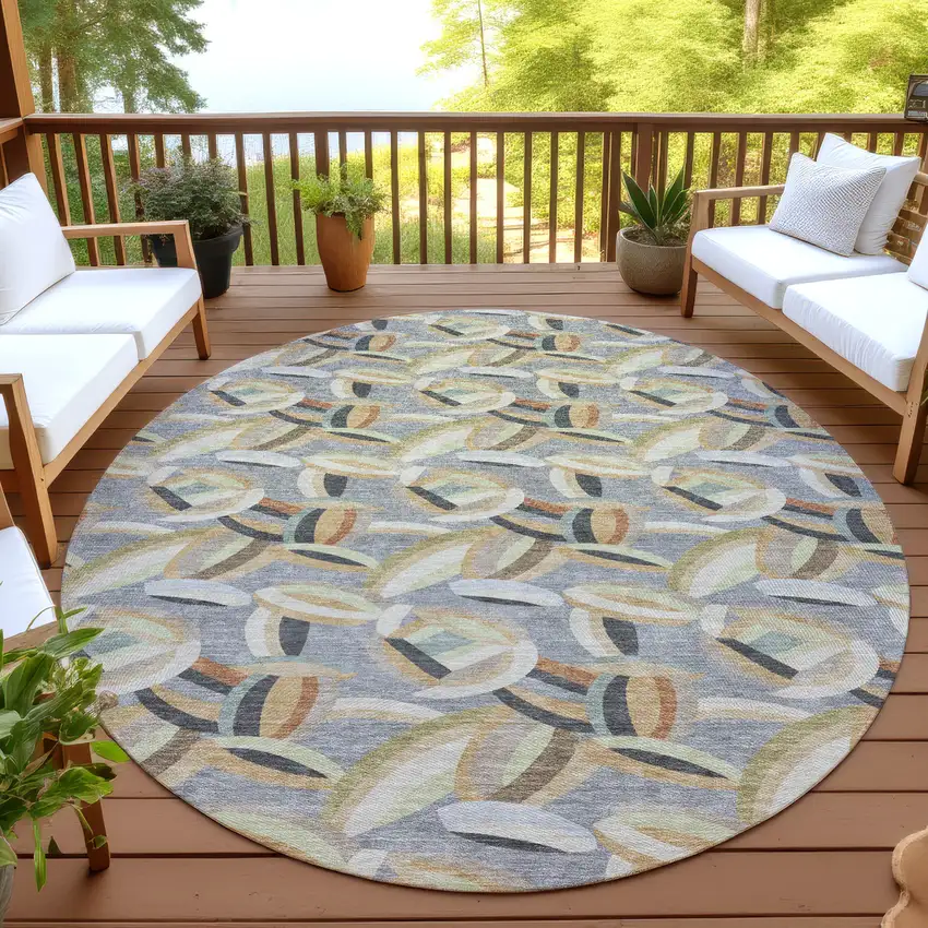 8' Gray And Charcoal Round Abstract Washable Indoor Outdoor Area Rug Photo 4