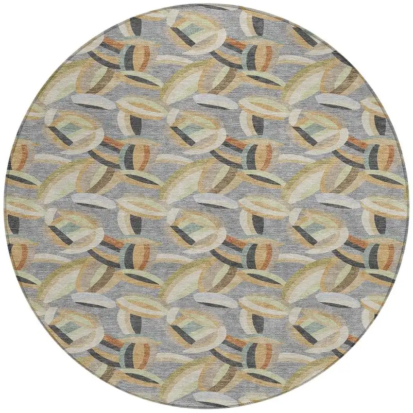 8' Gray And Charcoal Round Abstract Washable Indoor Outdoor Area Rug Photo 3