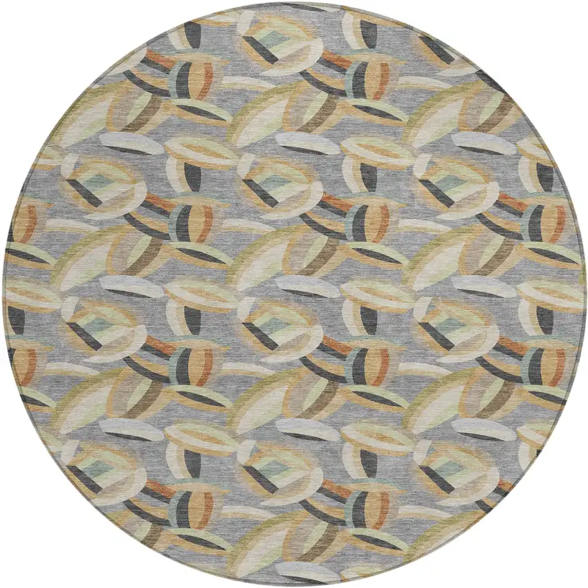 8' Gray And Charcoal Round Abstract Washable Indoor Outdoor Area Rug Photo 1