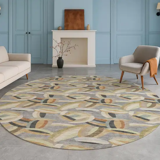 8' Gray And Charcoal Round Abstract Washable Indoor Outdoor Area Rug Photo 5