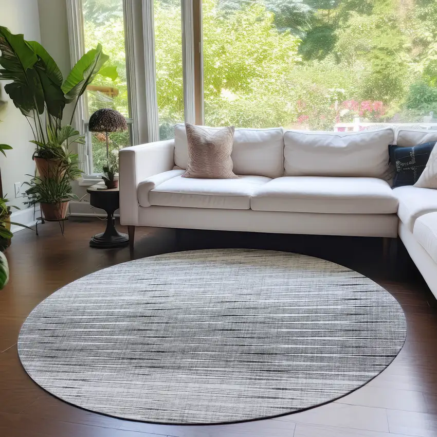 8' Gray And Charcoal Round Abstract Washable Indoor Outdoor Area Rug Photo 7