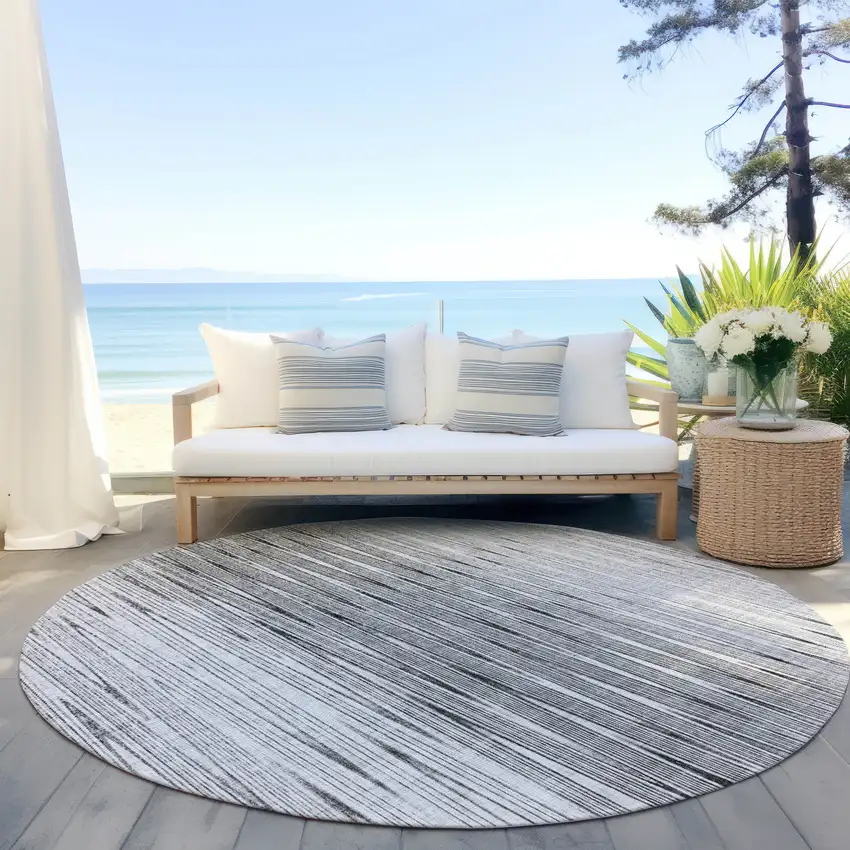 8' Gray And Charcoal Round Abstract Washable Indoor Outdoor Area Rug Photo 6