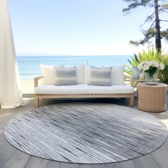 8' Gray And Charcoal Round Abstract Washable Indoor Outdoor Area Rug Photo 6