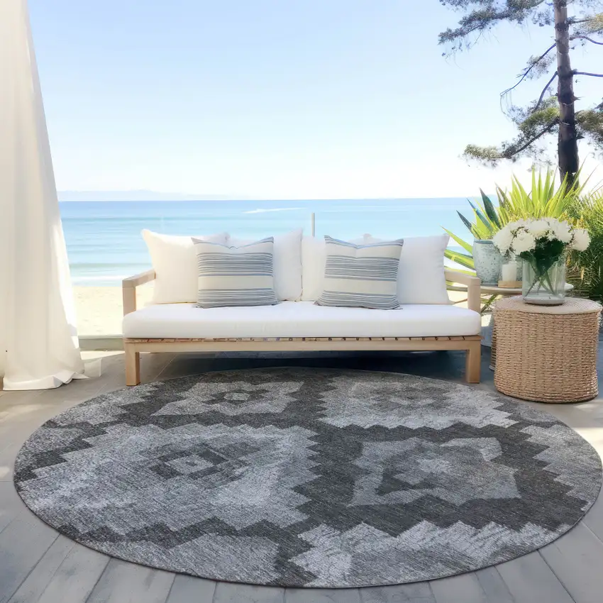 8' Gray And Charcoal Round Aztec Washable Indoor Outdoor Area Rug Photo 5