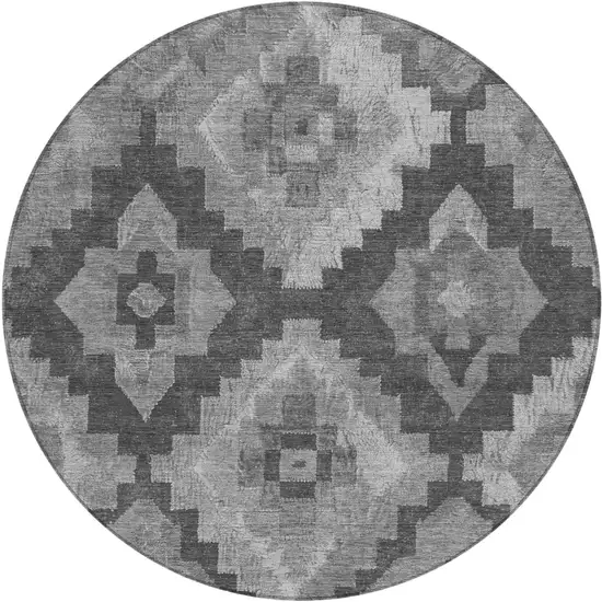 8' Gray And Charcoal Round Aztec Washable Indoor Outdoor Area Rug Photo 1