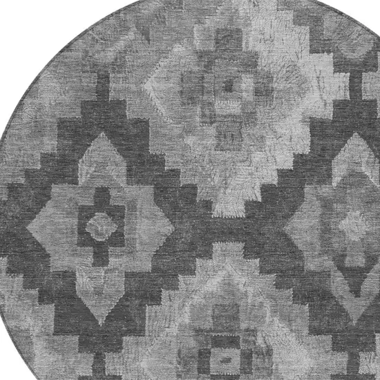 8' Gray And Charcoal Round Aztec Washable Indoor Outdoor Area Rug Photo 7