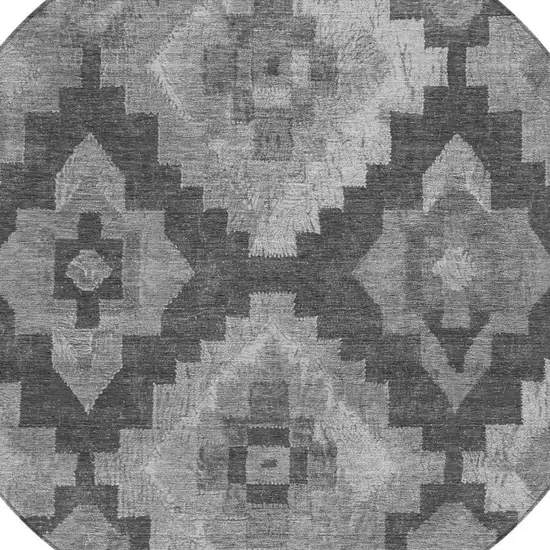 8' Gray And Charcoal Round Aztec Washable Indoor Outdoor Area Rug Photo 4