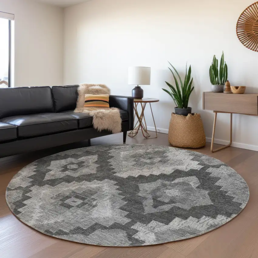 8' Gray And Charcoal Round Aztec Washable Indoor Outdoor Area Rug Photo 6