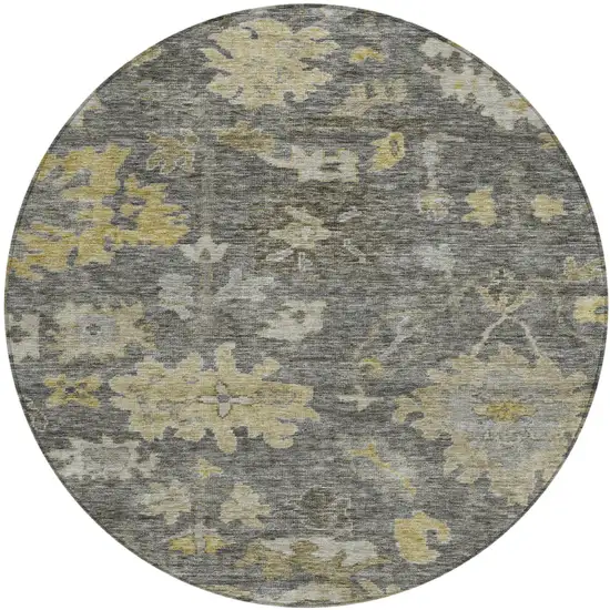 8' Gray And Charcoal Round Floral Washable Indoor Outdoor Area Rug Photo 2