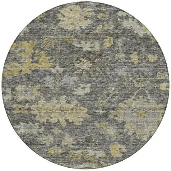 8' Gray And Charcoal Round Floral Washable Indoor Outdoor Area Rug Photo 6