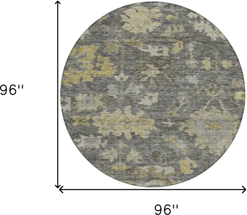 8' Gray And Charcoal Round Floral Washable Indoor Outdoor Area Rug Photo 9