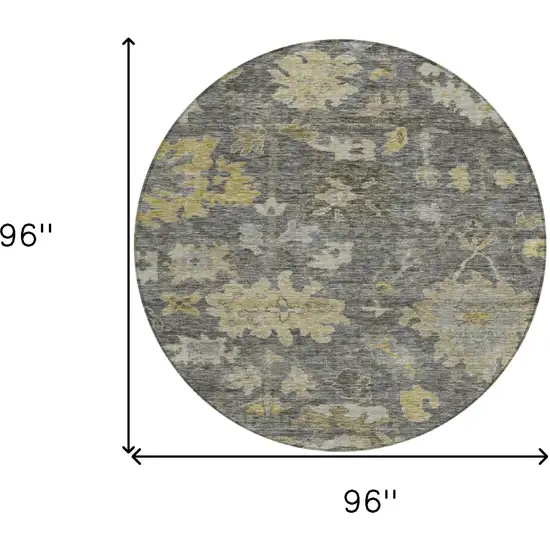 8' Gray And Charcoal Round Floral Washable Indoor Outdoor Area Rug Photo 9