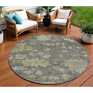 Photo of 8' Gray And Charcoal Round Floral Washable Indoor Outdoor Area Rug