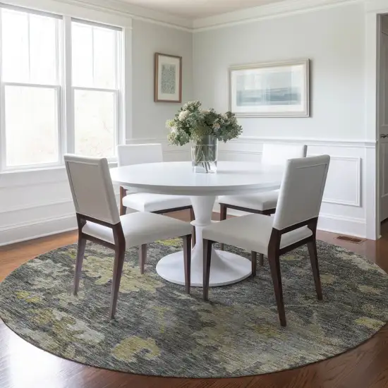 8' Gray And Charcoal Round Floral Washable Indoor Outdoor Area Rug Photo 8