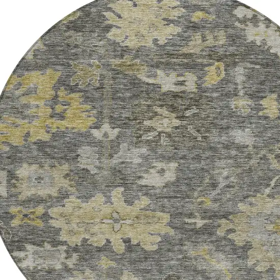 8' Gray And Charcoal Round Floral Washable Indoor Outdoor Area Rug Photo 5