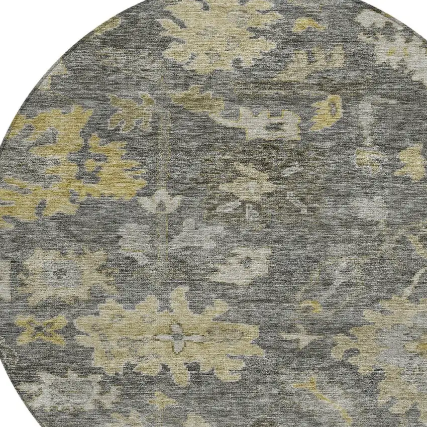 8' Gray And Charcoal Round Floral Washable Indoor Outdoor Area Rug Photo 5