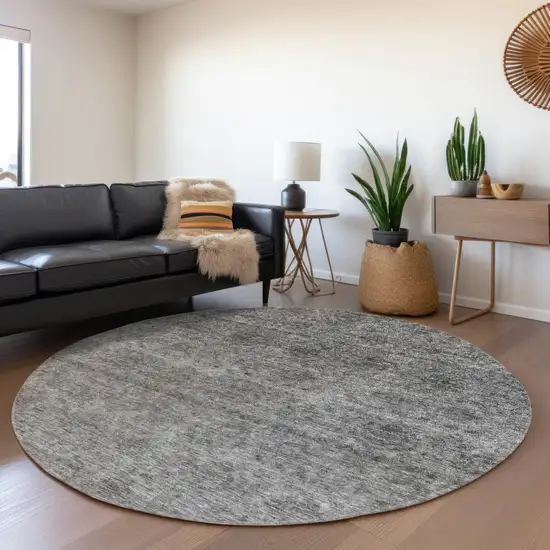 8' Gray And Charcoal Round Floral Washable Indoor Outdoor Area Rug Photo 7