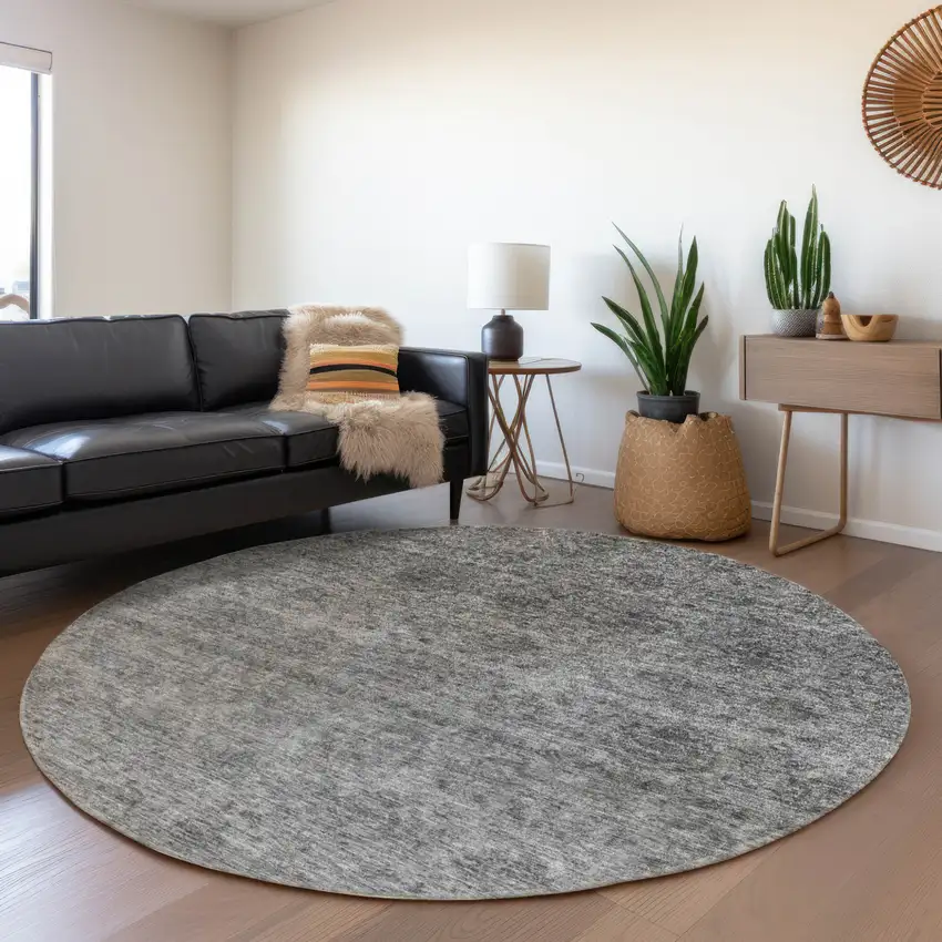 8' Gray And Charcoal Round Floral Washable Indoor Outdoor Area Rug Photo 7