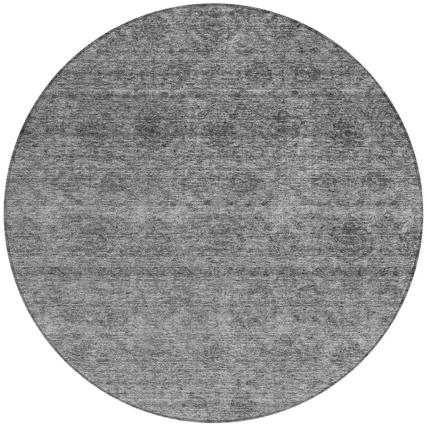 8' Gray And Charcoal Round Floral Washable Indoor Outdoor Area Rug Photo 4