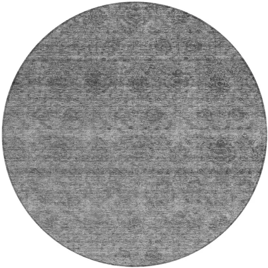 8' Gray And Charcoal Round Floral Washable Indoor Outdoor Area Rug Photo 2