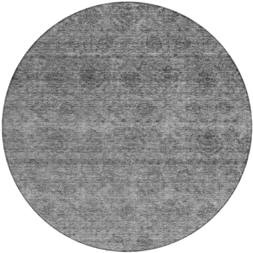 8' Gray And Charcoal Round Floral Washable Indoor Outdoor Area Rug Photo 2