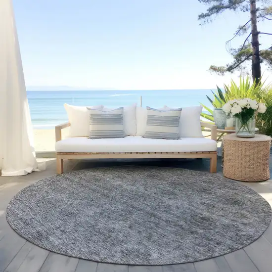 8' Gray And Charcoal Round Floral Washable Indoor Outdoor Area Rug Photo 6