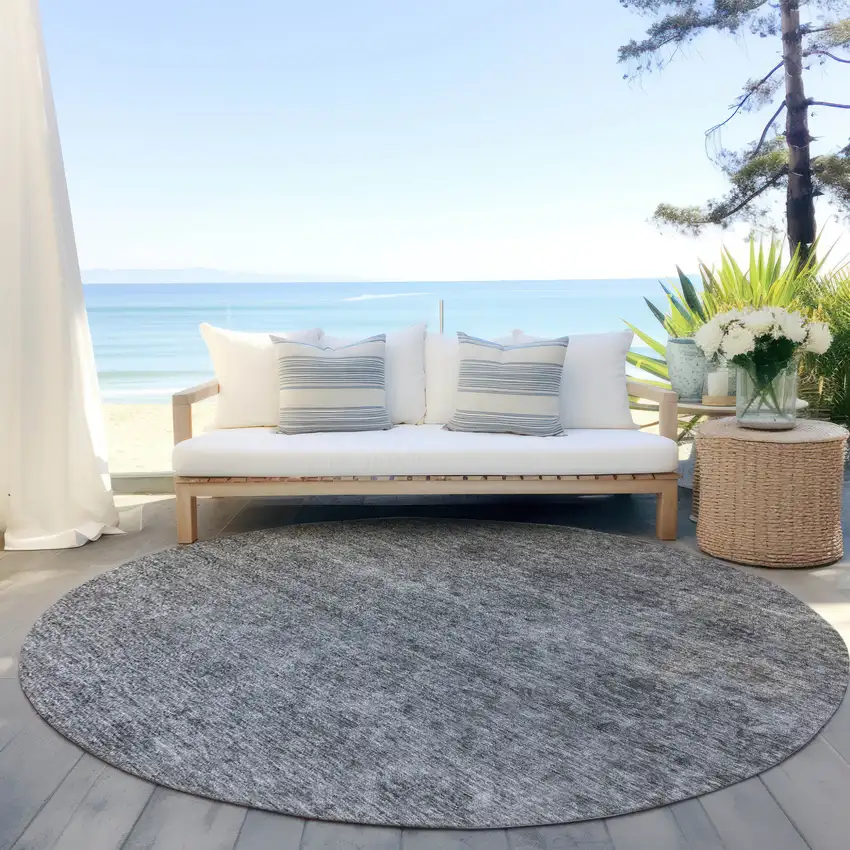8' Gray And Charcoal Round Floral Washable Indoor Outdoor Area Rug Photo 6
