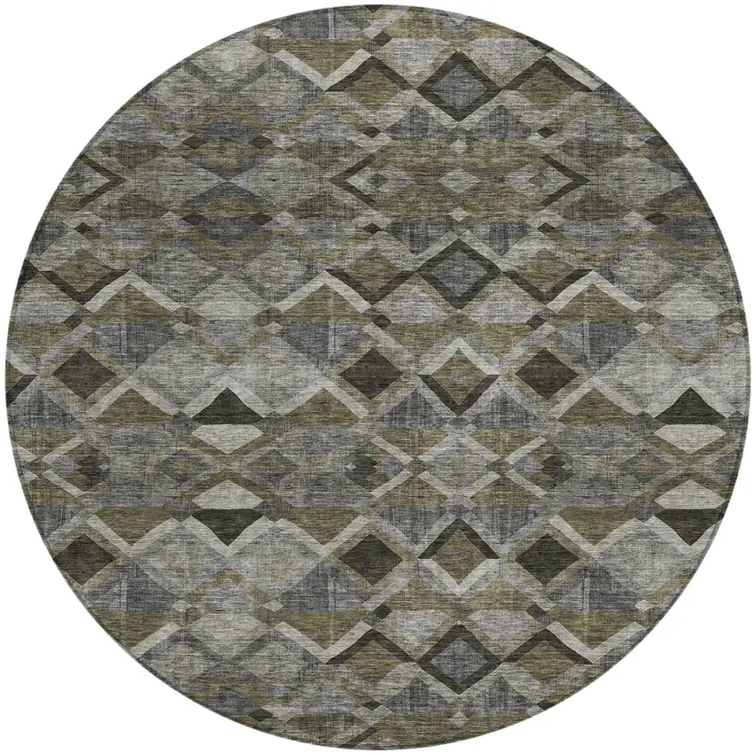 8' Gray And Charcoal Round Geometric Washable Indoor Outdoor Area Rug Photo 2