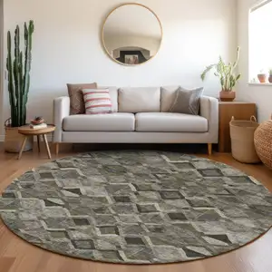 Photo of 8' Gray And Charcoal Round Geometric Washable Indoor Outdoor Area Rug