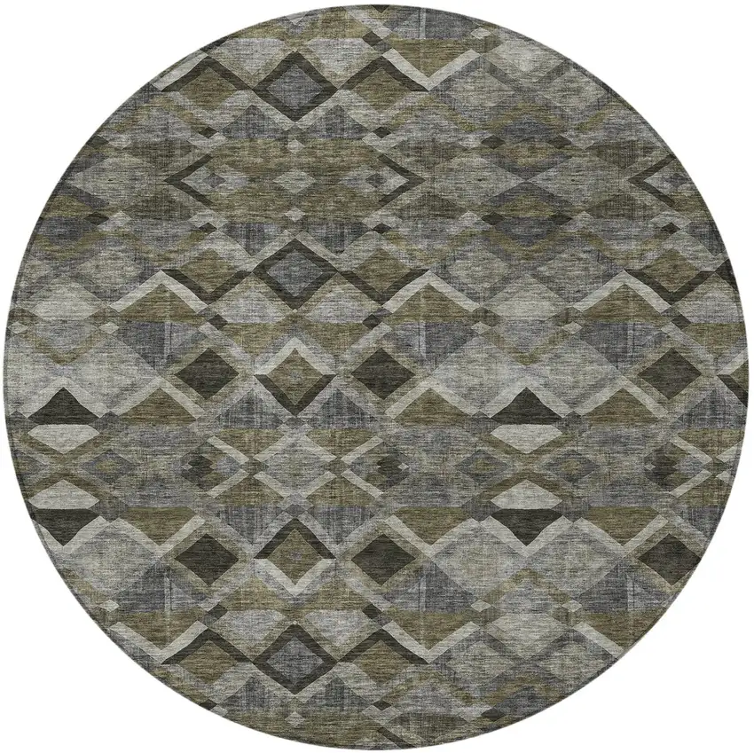 8' Gray And Charcoal Round Geometric Washable Indoor Outdoor Area Rug Photo 6